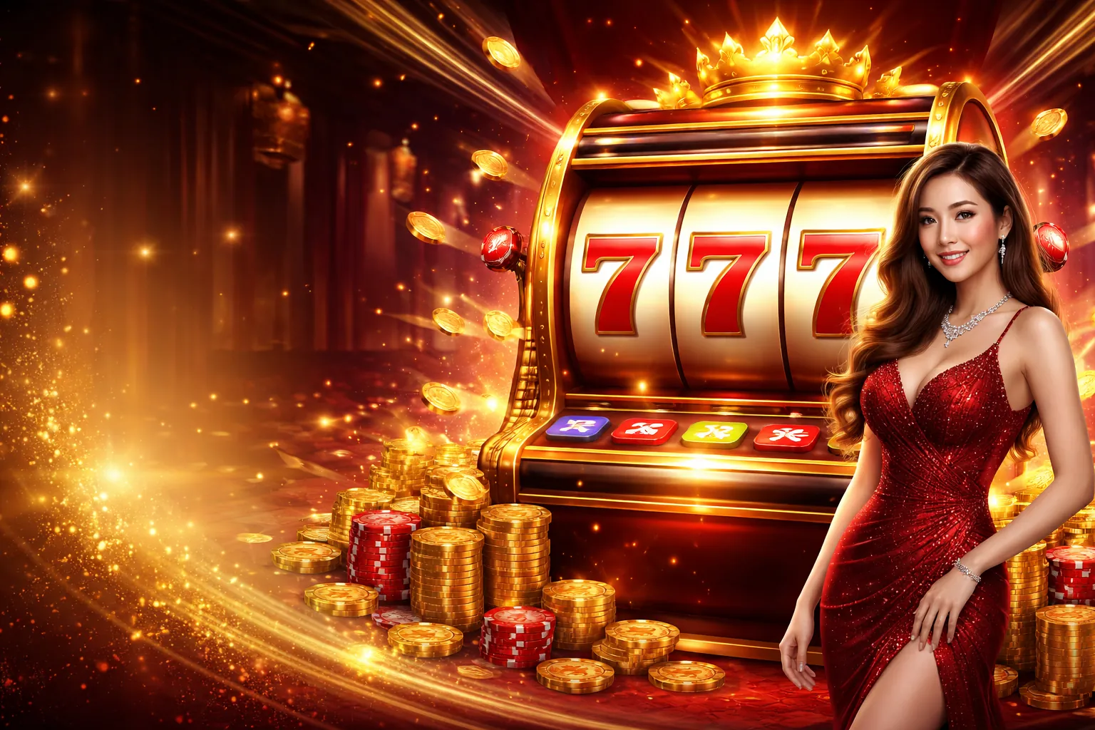 Hình ảnh máy slot với biểu tượng chiến thắng và tiền thưởng lớn